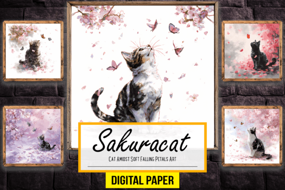 Cat Amidst Soft Falling Petals Artwork: A Serene Escape