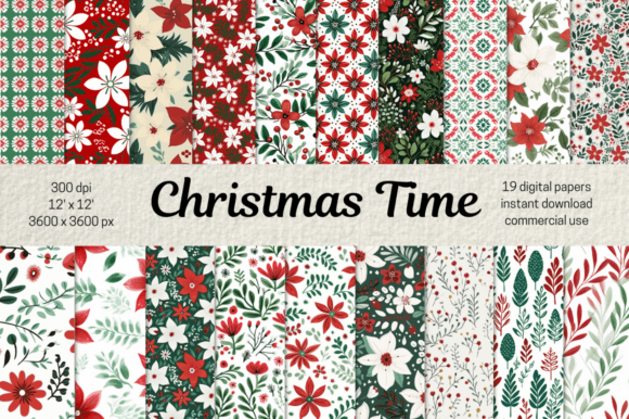 Christmas Flowers Digital Paper: Festive Botanical Designs